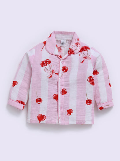"Cherries" Pink Full Sleeves Cotton Nightwear Set