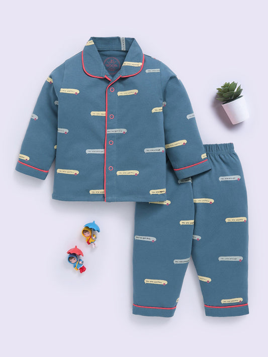 Blue Cotton Typography Full Sleeve Night Suit