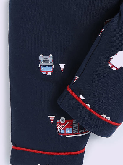 'Vehicles' Blue Cotton Full Sleeve Night Suit