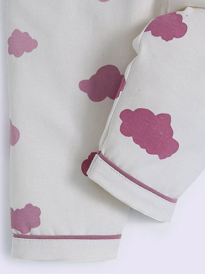 Purple Cotton Cloud Print Full Sleeve Night Suit