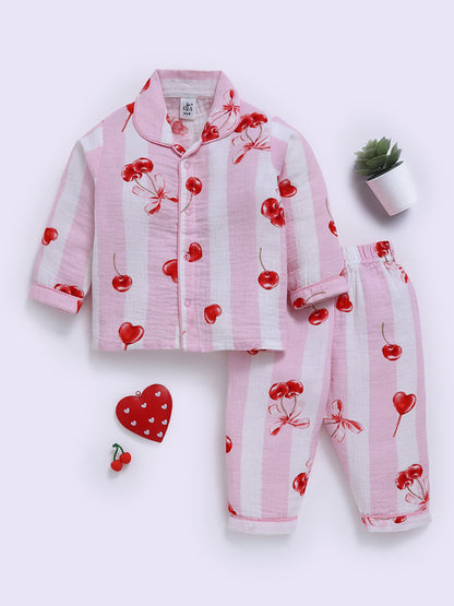 "Cherries" Pink Full Sleeves Cotton Nightwear Set