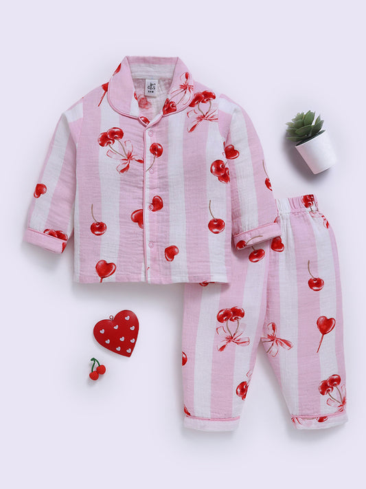 "Cherries" Pink Full Sleeves Cotton Nightwear Set