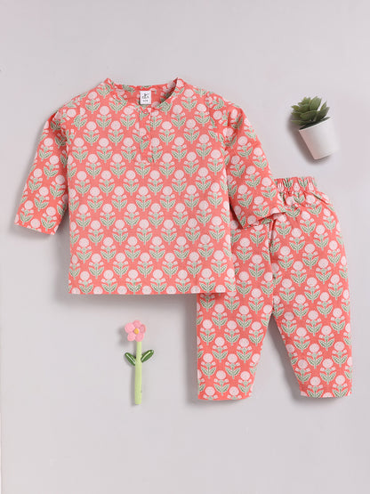 Coral Cotton Floral Full Sleeve Kurta Pyjama