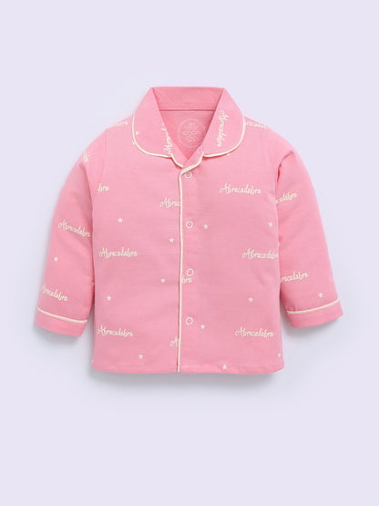 Pink Cotton Typography Full Sleeve Night Suit