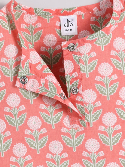 Coral Cotton Floral Full Sleeve Kurta Pyjama