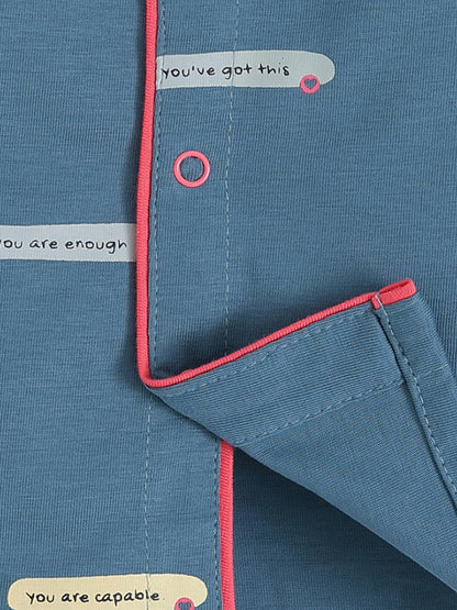Blue Cotton Typography Full Sleeve Night Suit