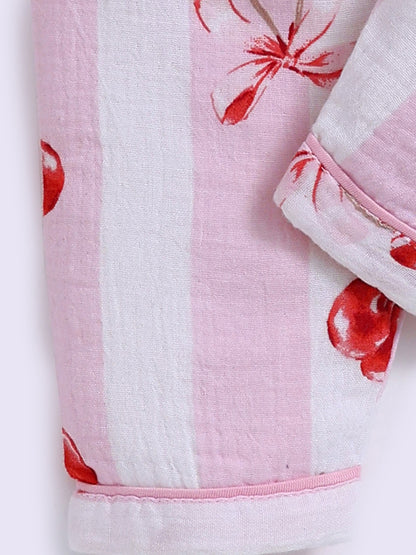 "Cherries" Pink Full Sleeves Cotton Nightwear Set