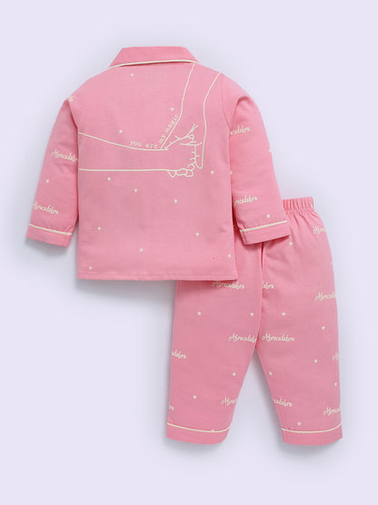 Pink Cotton Typography Full Sleeve Night Suit