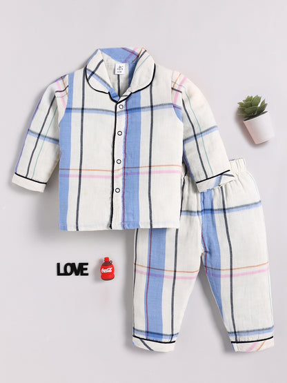 Off White Cotton Checked Full Sleeve Night Suit