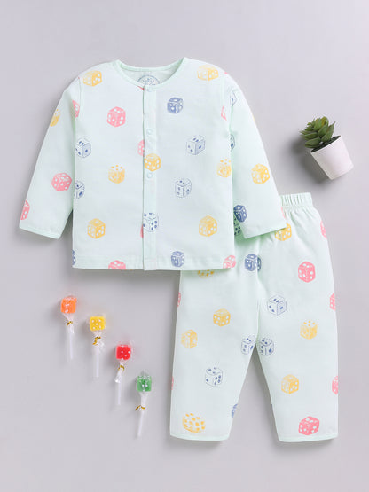 Sea Green Graphic Cotton Full Sleeve Night Suit