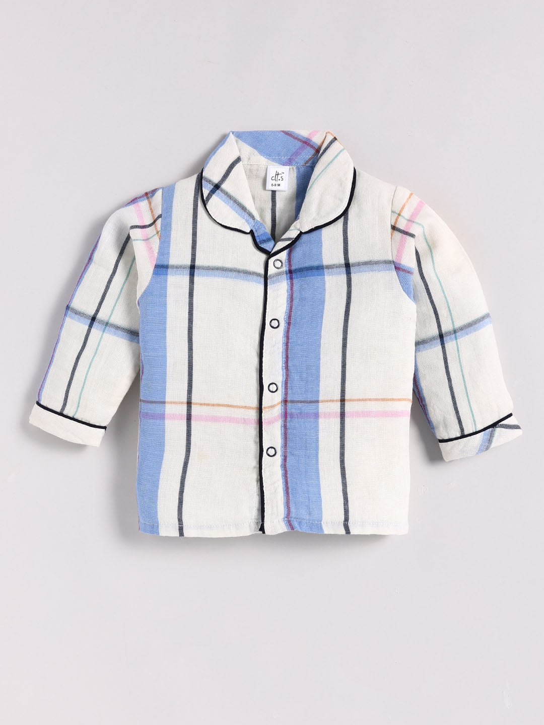Off White Cotton Checked Full Sleeve Night Suit