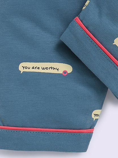 Blue Cotton Typography Full Sleeve Night Suit
