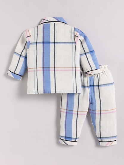 Off White Cotton Checked Full Sleeve Night Suit