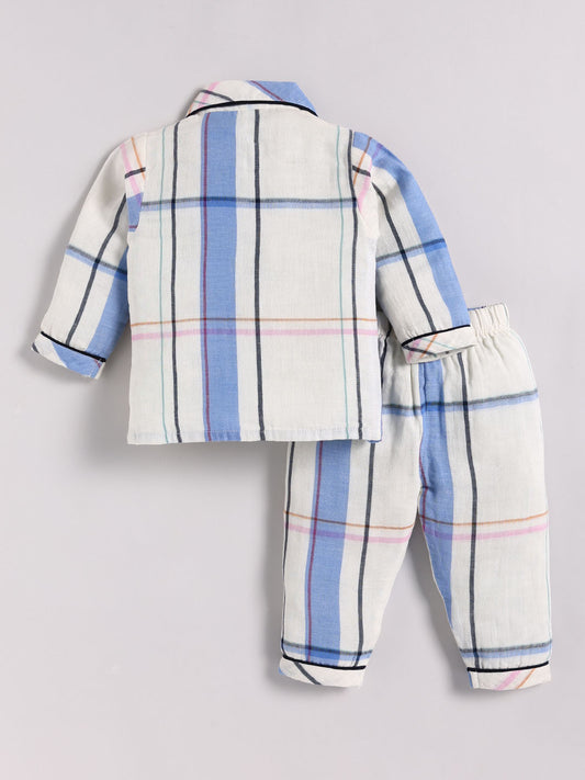 Off White Cotton Checked Full Sleeve Night Suit