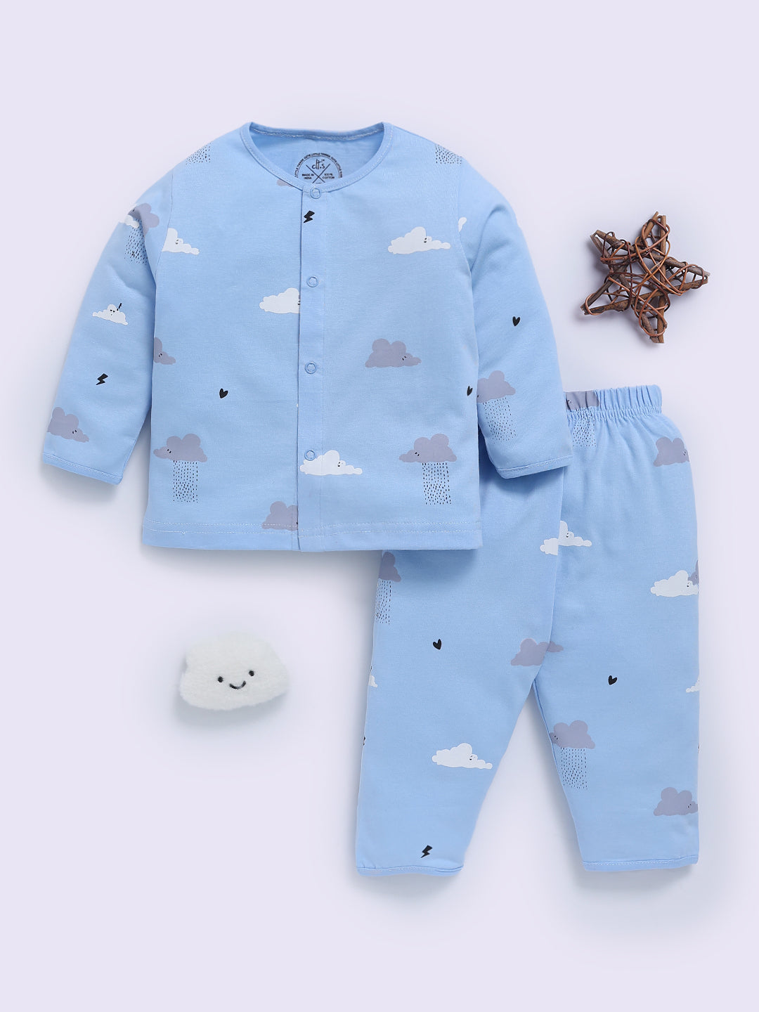 'Clouds' Blue Cotton Full Sleeve Night Suit