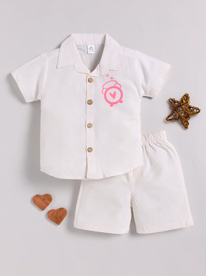 Off White Cotton Typography Co-ord Set Half Sleeve