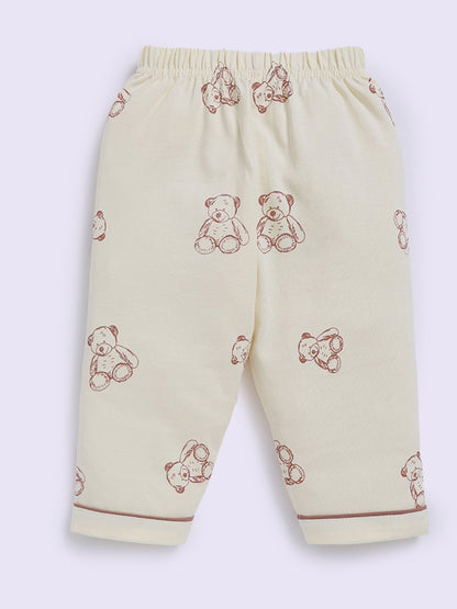 Bear Printed Cream Cotton Half Sleeve Night Suit
