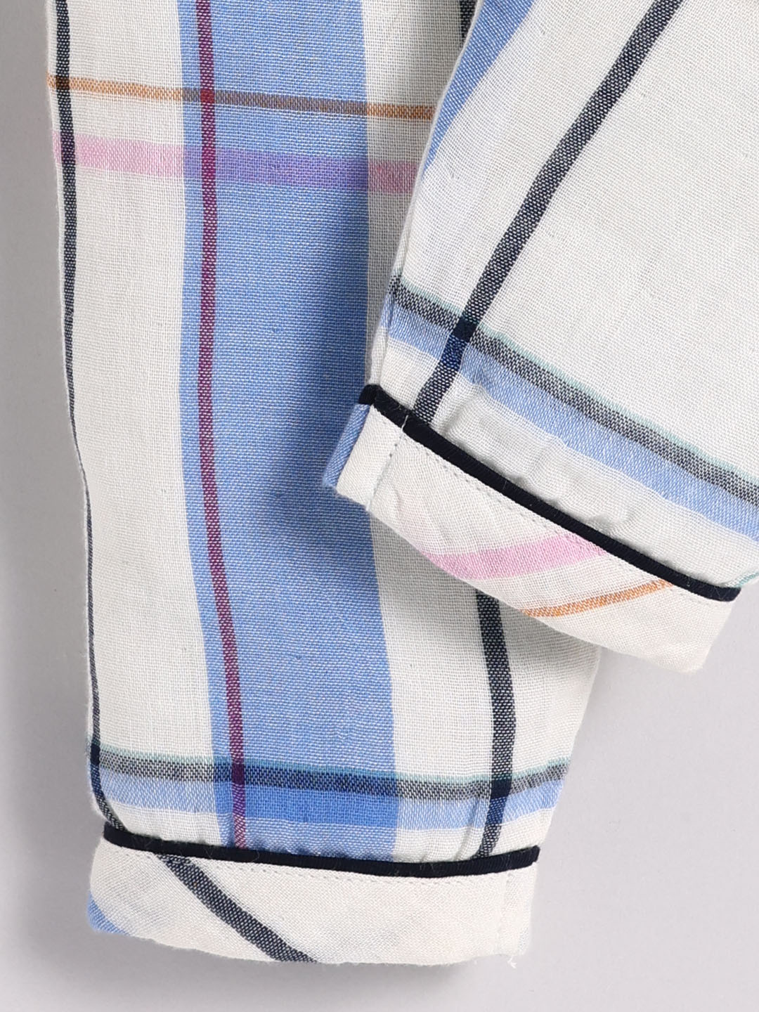 Off White Cotton Checked Full Sleeve Night Suit