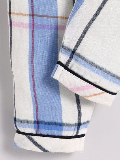 Off White Cotton Checked Full Sleeve Night Suit