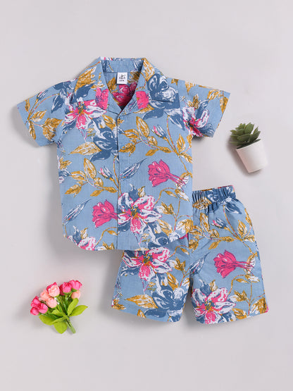 Blue Cotton Floral Half Sleeve Co-ord Set