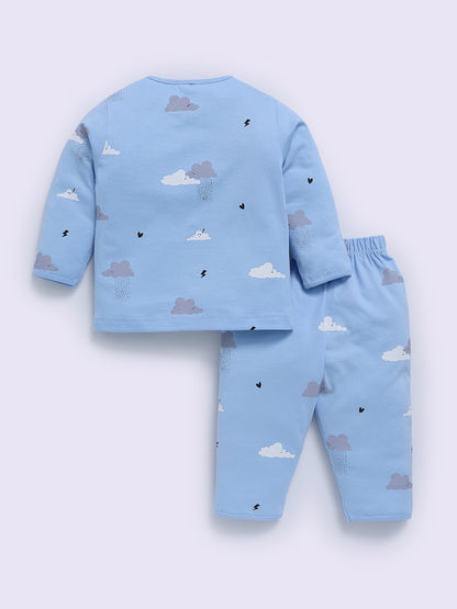 'Clouds' Blue Cotton Full Sleeve Night Suit