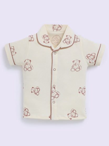 Bear Printed Cream Cotton Half Sleeve Night Suit