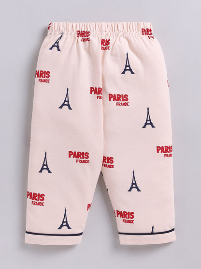 Beige Typography Cotton Full Sleeve Night Suit