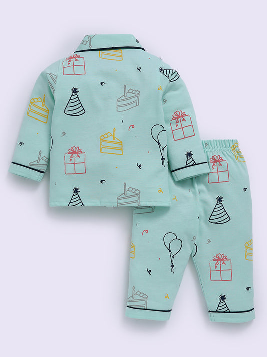 Birthday Theme Sea Green Cotton Full Sleeve Night Suit
