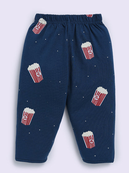 Popcorn Printed Blue Cotton Full Sleeve Night Suit
