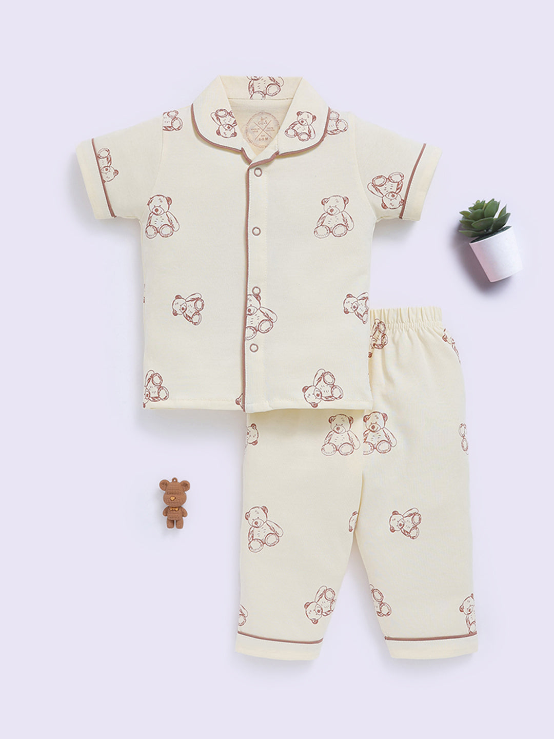 Bear Printed Cream Cotton Half Sleeve Night Suit
