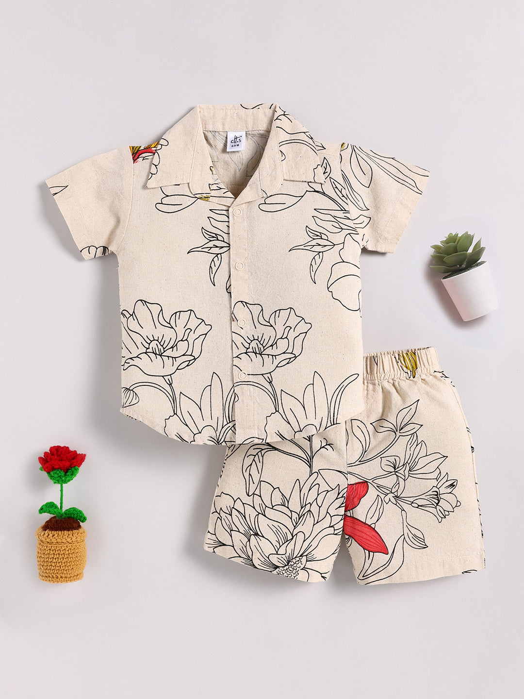 Cream Cotton Floral Half Sleeve Co-ord Set