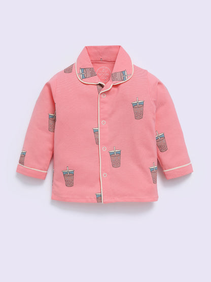Pink Cotton Typography Full Sleeve Night Suit
