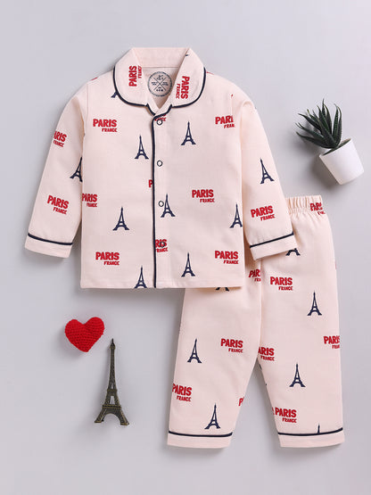 Beige Typography Cotton Full Sleeve Night Suit