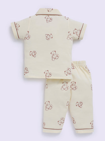 Bear Printed Cream Cotton Half Sleeve Night Suit