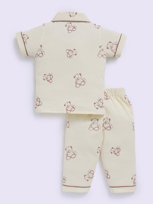 Bear Printed Cream Cotton Half Sleeve Night Suit