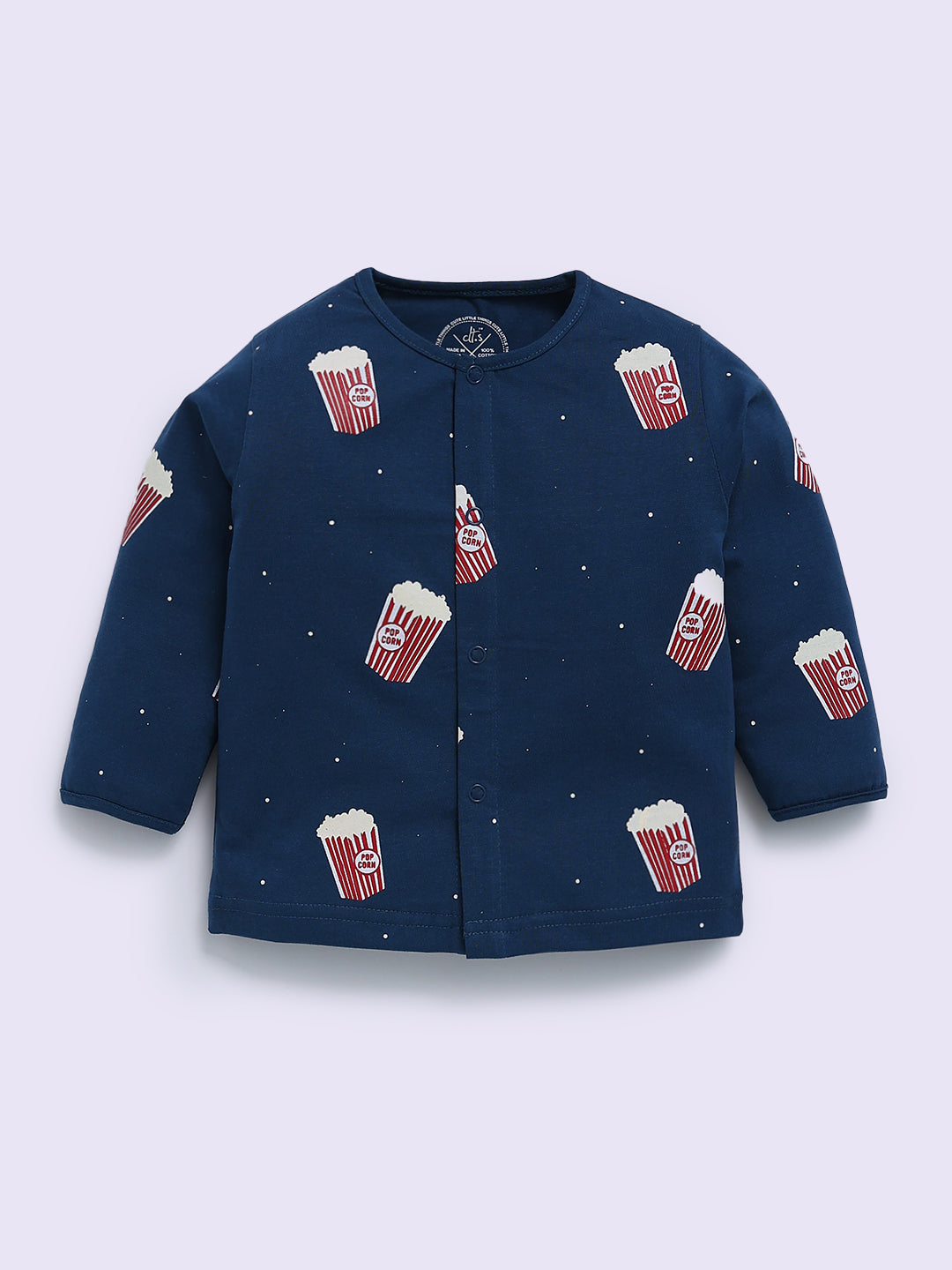 Popcorn Printed Blue Cotton Full Sleeve Night Suit