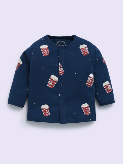 Popcorn Printed Blue Cotton Full Sleeve Night Suit