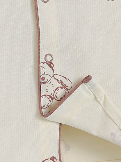Bear Printed Cream Cotton Half Sleeve Night Suit