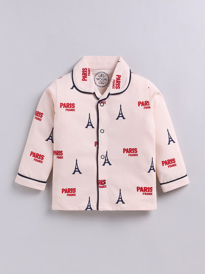 Beige Typography Cotton Full Sleeve Night Suit