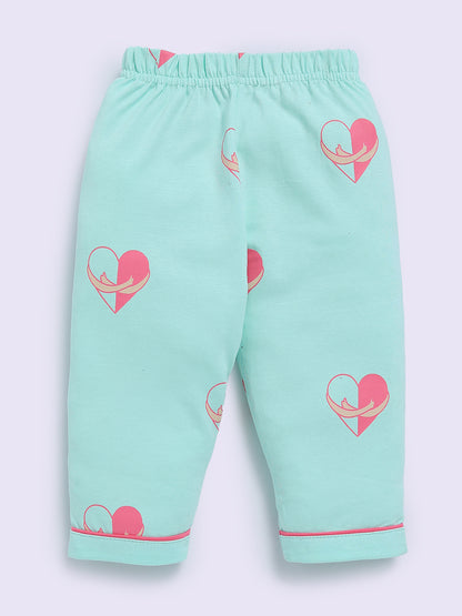 Hearts Theme Sea Green Cotton Full Sleeve Night Suit