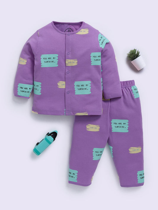 Purple Cotton Typography Full Sleeve Night Suit