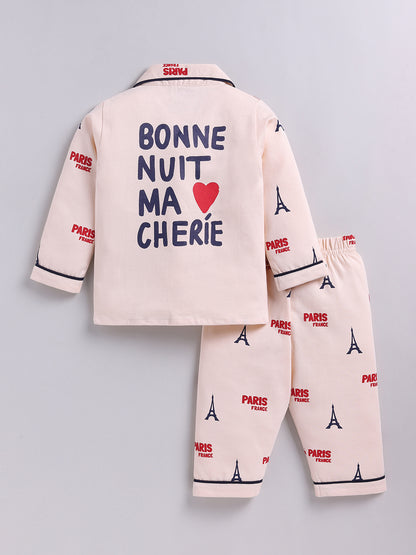 Beige Typography Cotton Full Sleeve Night Suit