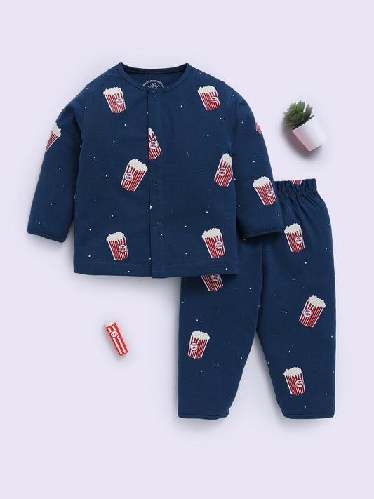 Popcorn Printed Blue Cotton Full Sleeve Night Suit