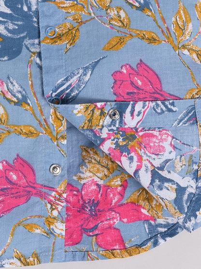 Blue Cotton Floral Half Sleeve Co-ord Set