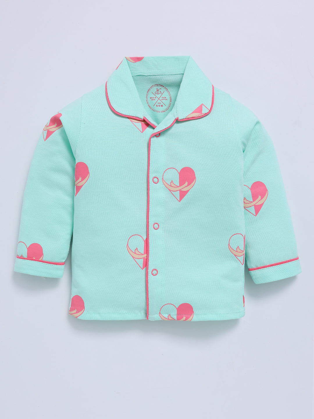 Hearts Theme Sea Green Cotton Full Sleeve Night Suit