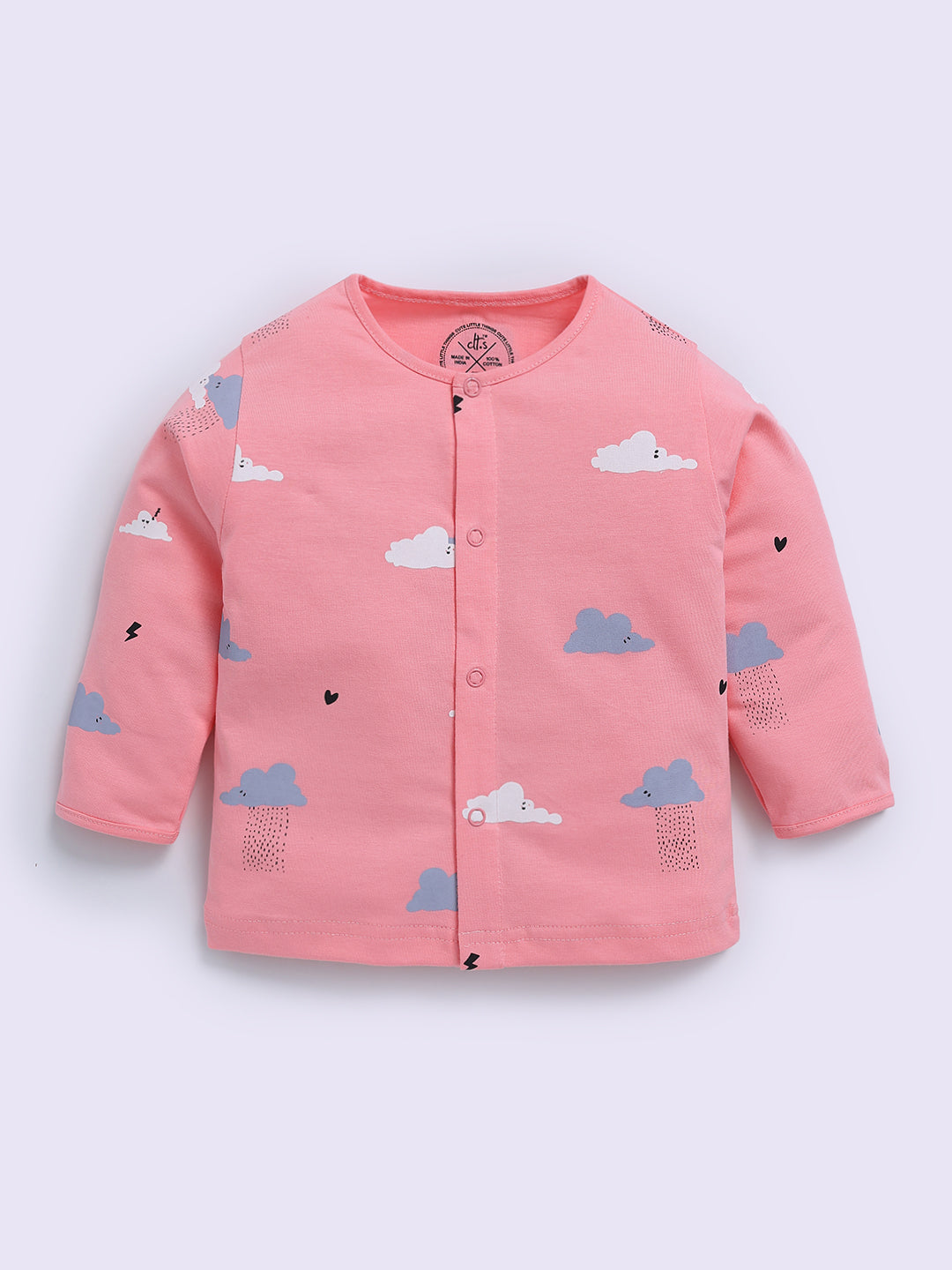 'Clouds' Pink Cotton Full Sleeve Night Suit
