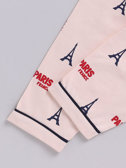 Beige Typography Cotton Full Sleeve Night Suit
