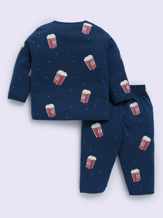 Popcorn Printed Blue Cotton Full Sleeve Night Suit