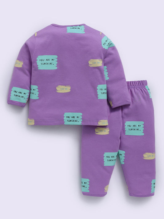 Purple Cotton Typography Full Sleeve Night Suit