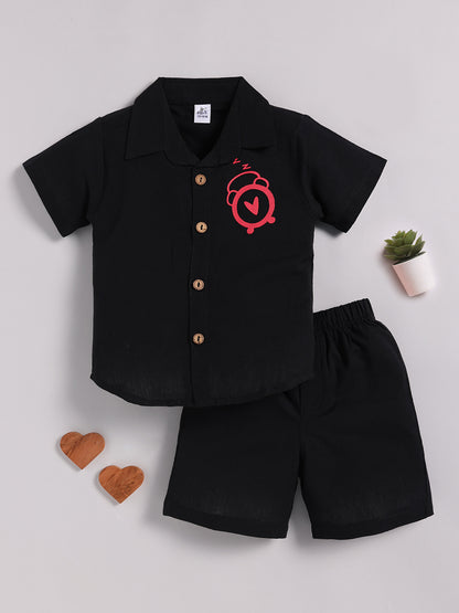 Black Cotton Typography Co-ord Set Half Sleeve